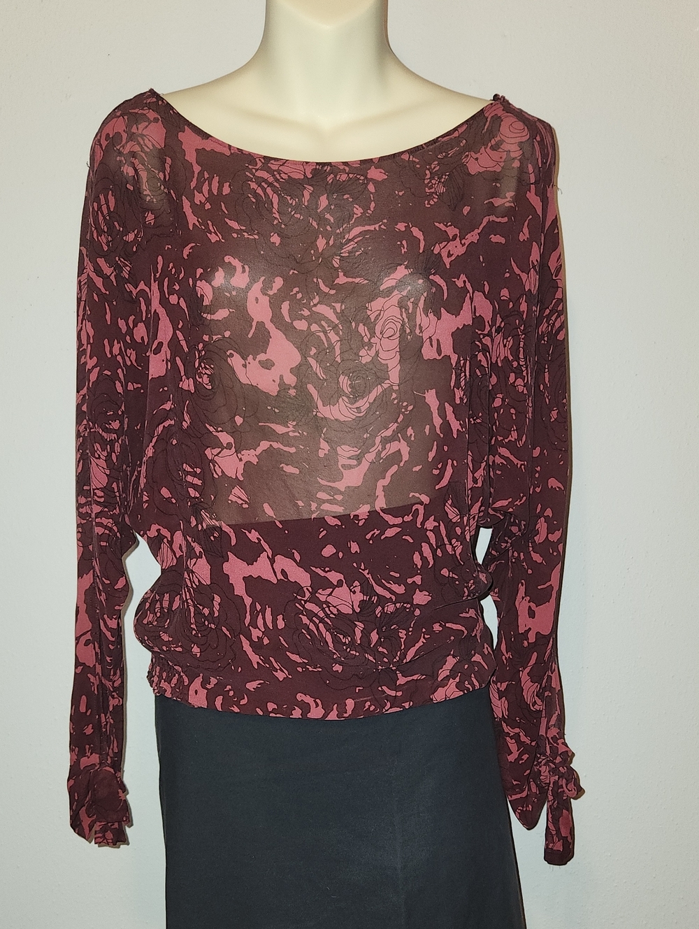 Kenneth Cole Sheer Floral-Print Long Sleeve Blouse - Pink/Burgundy